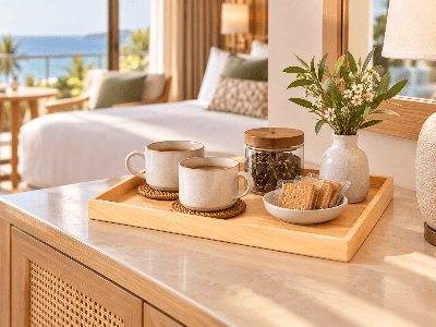 Natural Wood Finish Acrylic Serving Tray for Hotel Room