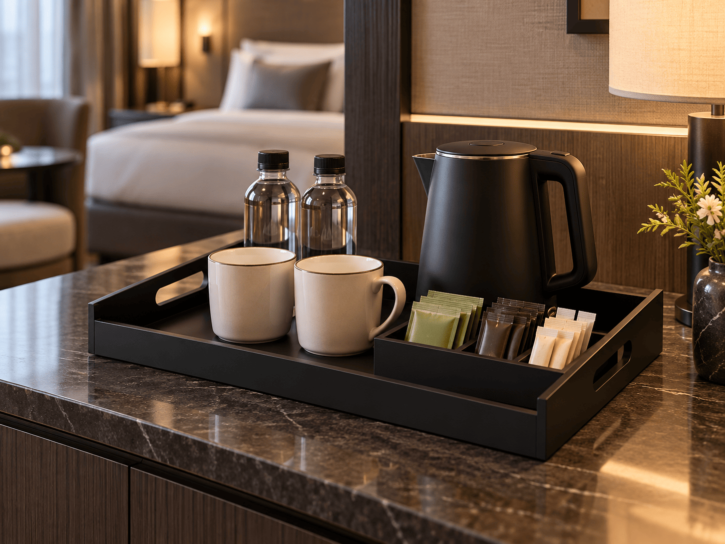custom hotel guest room black acrylic tray with handle